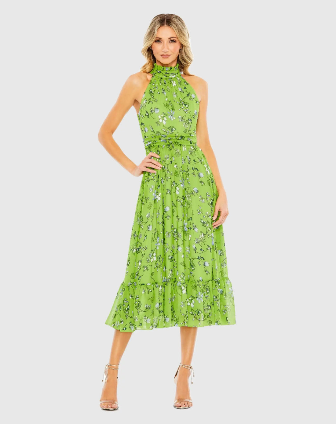 Green Floral Print High-Neck A-Line Midi Dress - Ieena for Mac Duggal