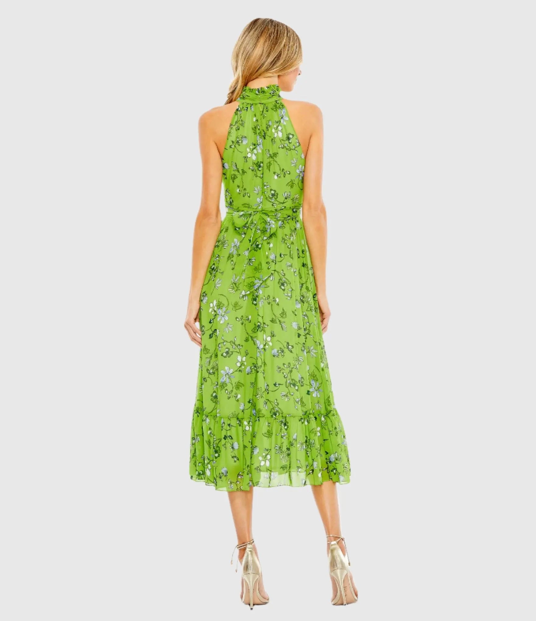 Green Floral Print High-Neck A-Line Midi Dress - Ieena for Mac Duggal