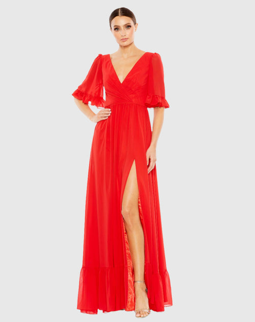 Faux Wrap Ruffle Trim A Line Gown