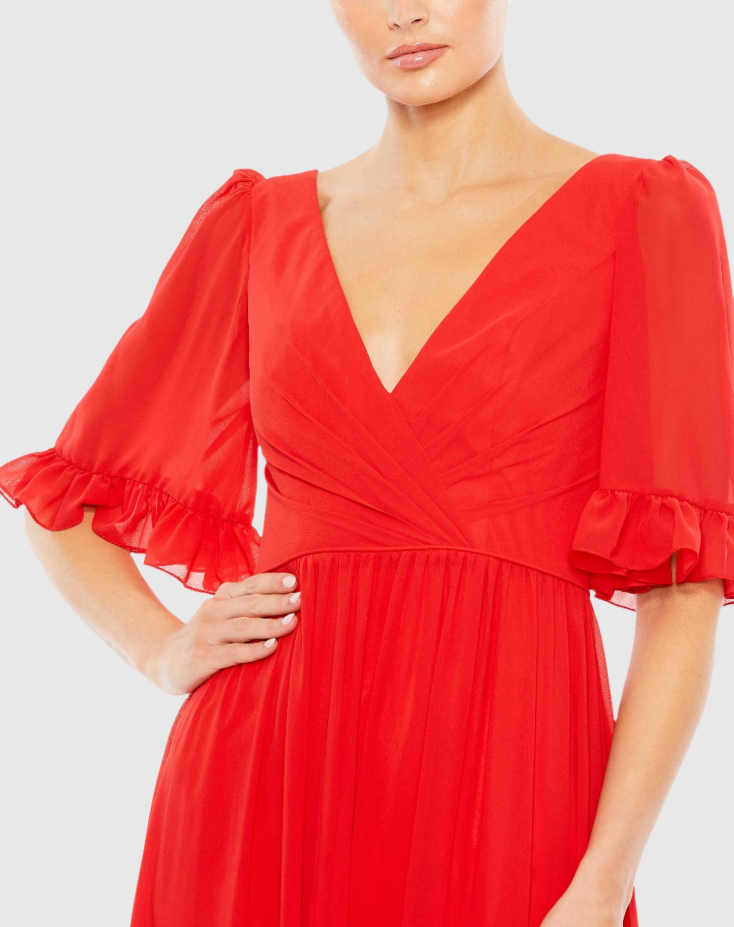 Faux Wrap Ruffle Trim A Line Gown