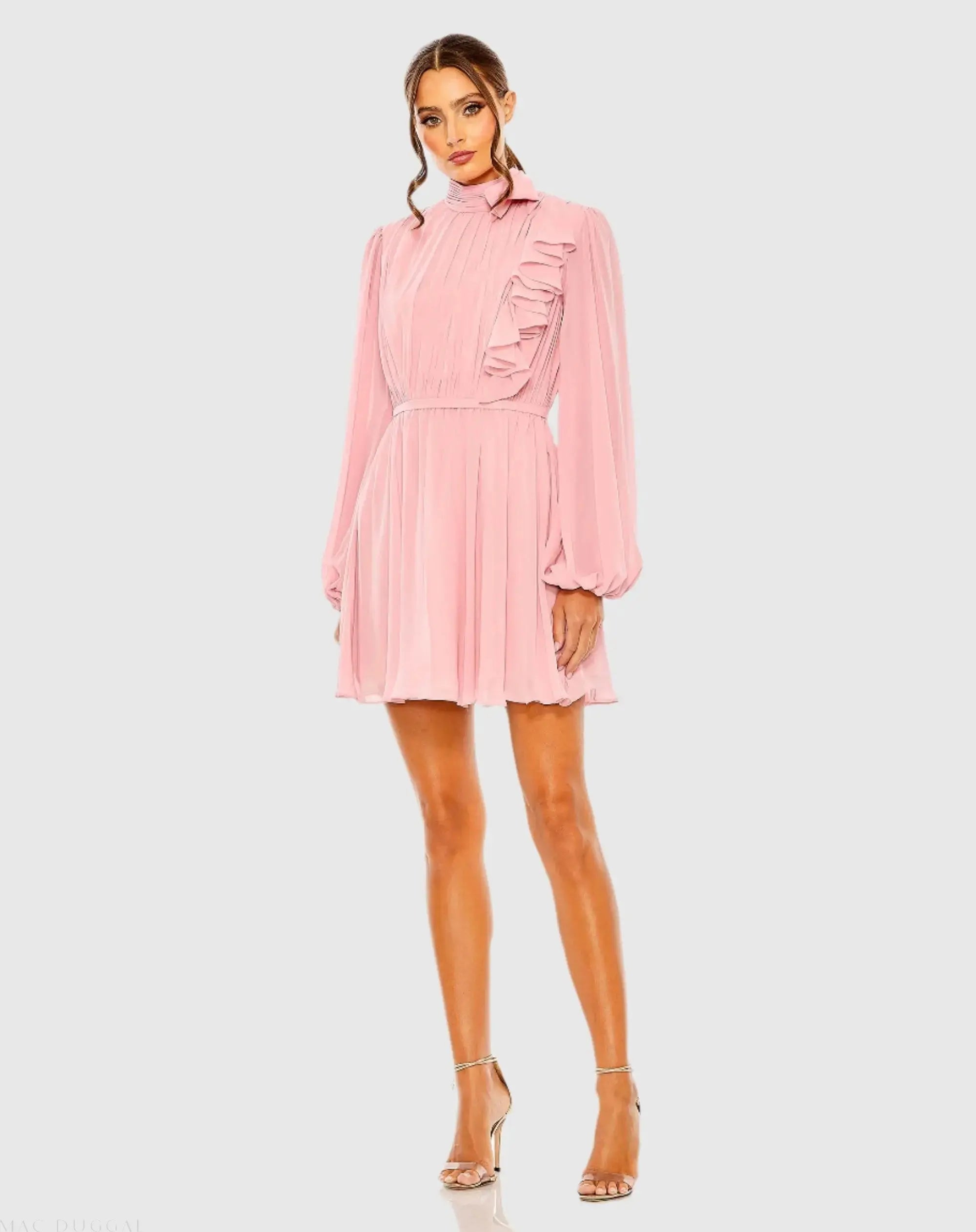 Pink Draped High Neck Long Sleeve Mini Dress - Mac Duggal