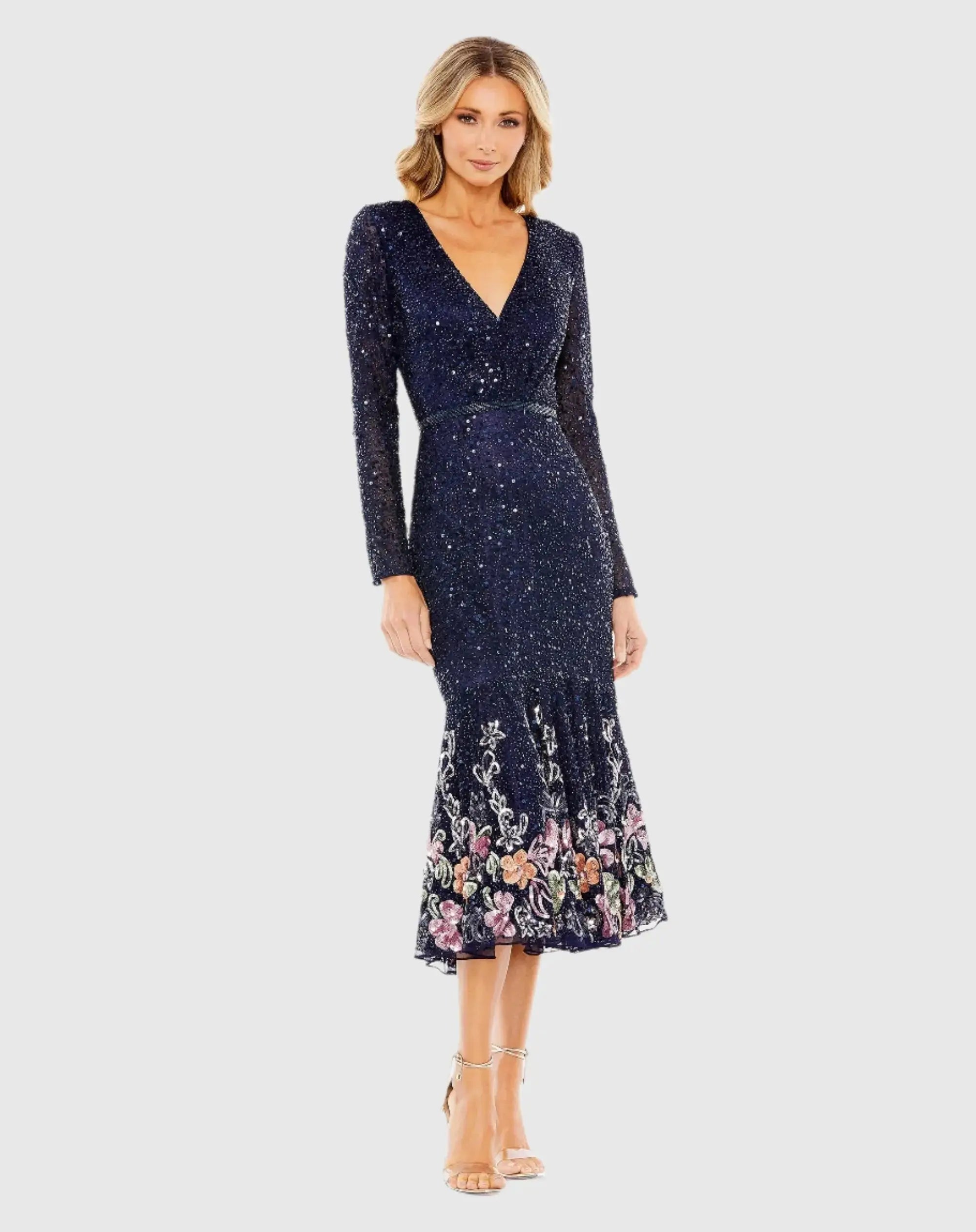 Navy Long Sleeve Faux Wrap Embellished Tea Length Dress - Mac Duggal