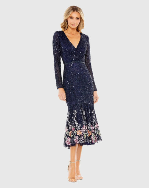 Navy Long Sleeve Faux Wrap Embellished Tea Length Dress - Mac Duggal
