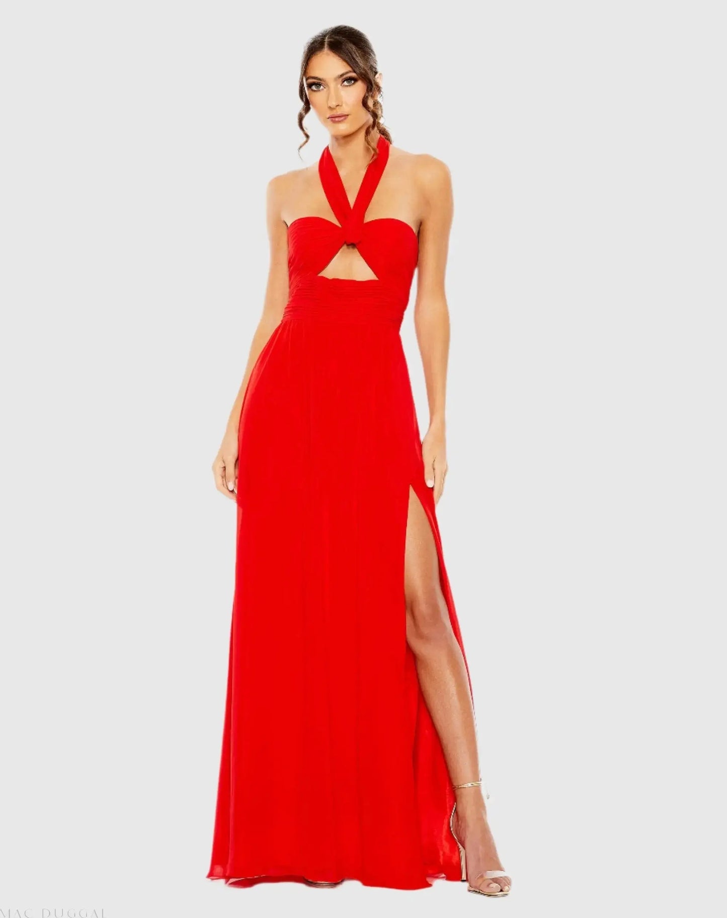 Red Ruched Halter Strap Keyhole Chiffon Gown - Mac Duggal US 10 Red Ruched Halter Strap Keyhole Chiffon Gown - Mac Duggal US 10