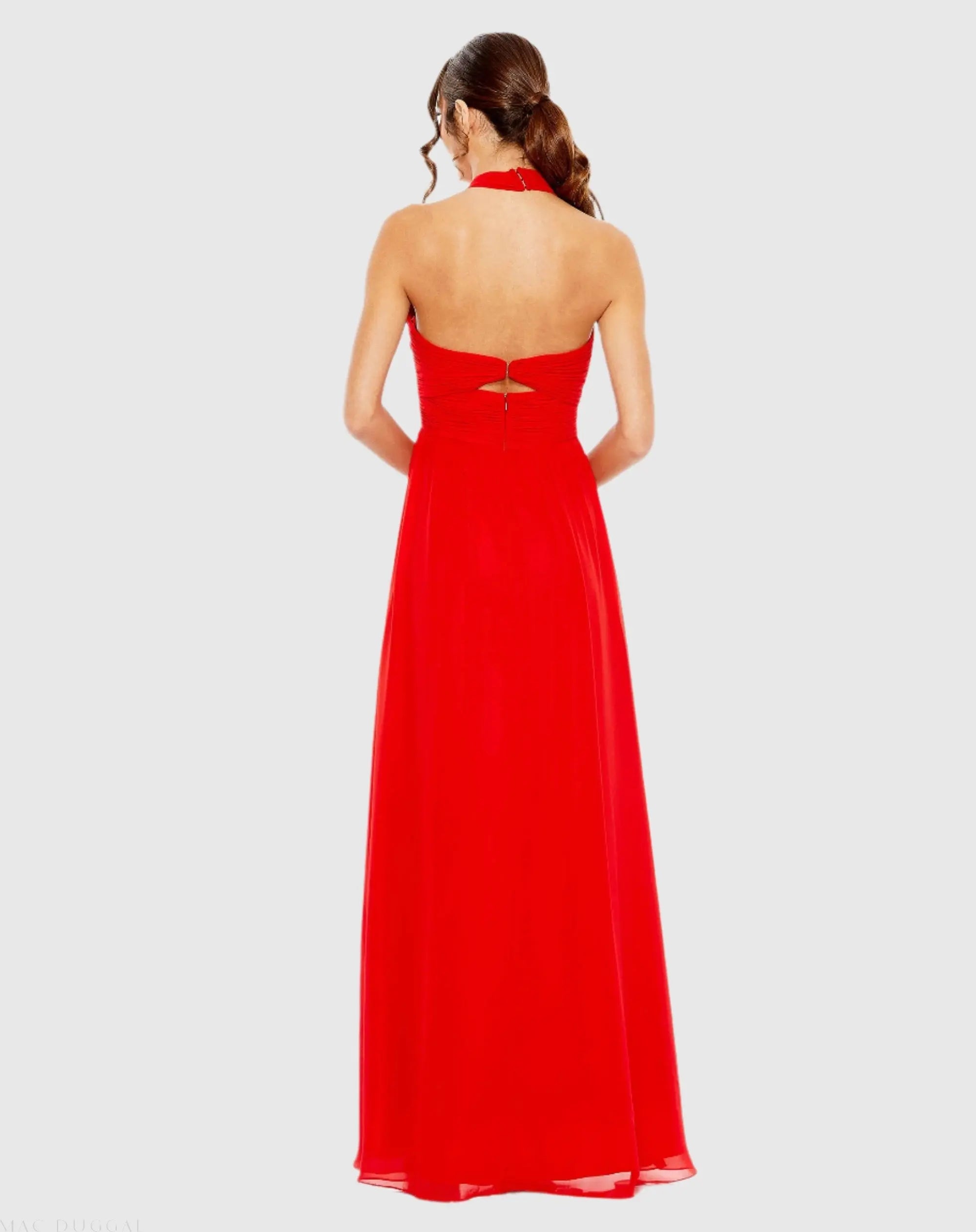 Red Ruched Halter Strap Keyhole Chiffon Gown - Ieena for Mac Duggal