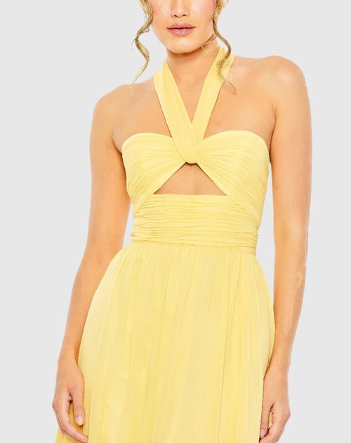 Ruched Halter Strap Keyhole Chiffon Gown