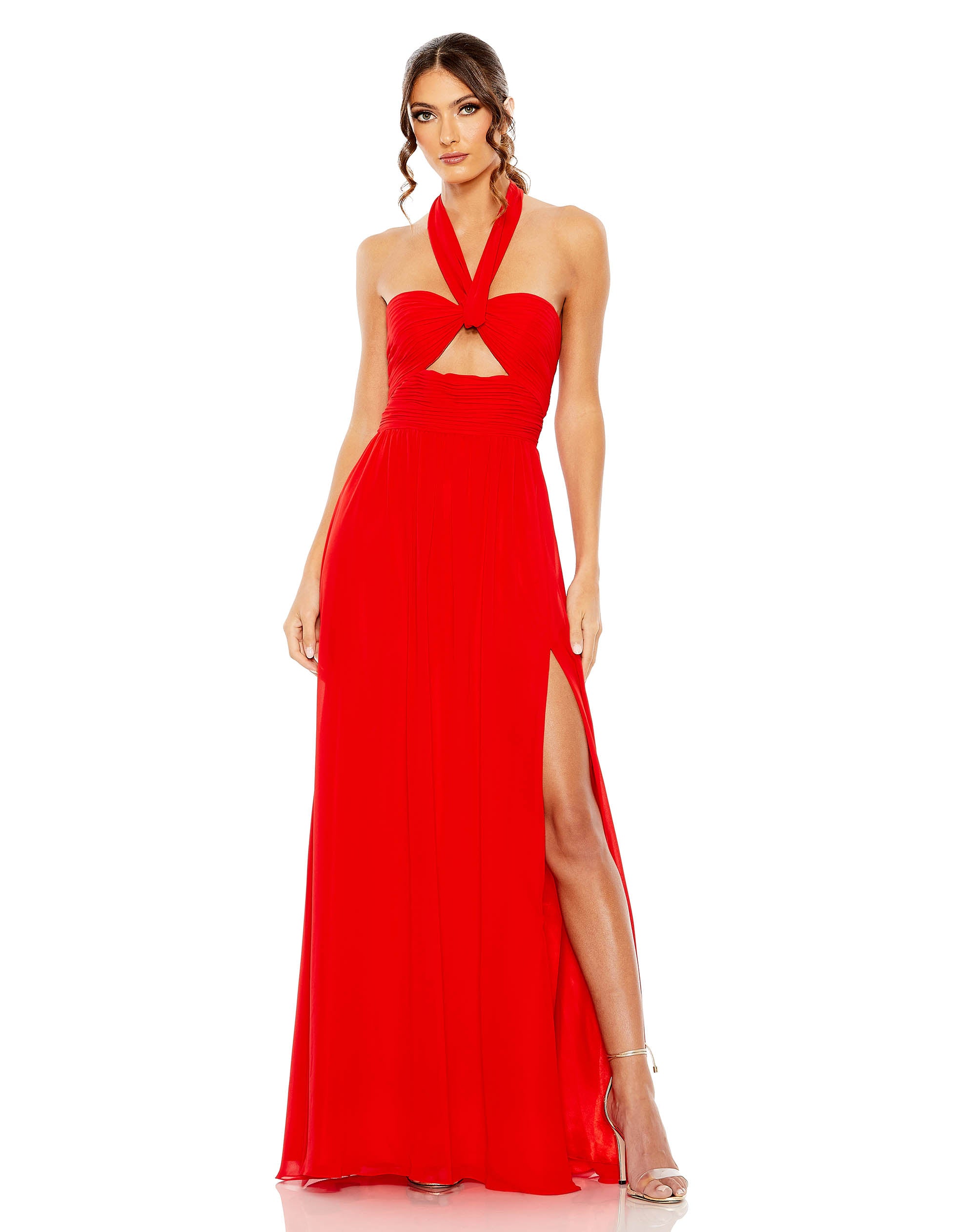 Ruched Halter Strap Keyhole Chiffon Gown