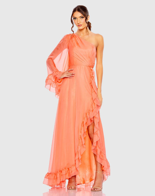 One Sleeve Ruffled Hem Gown