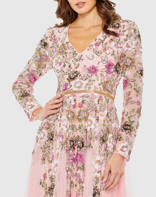 Hand Embellished Floral V Neck Long Sleeve Dress