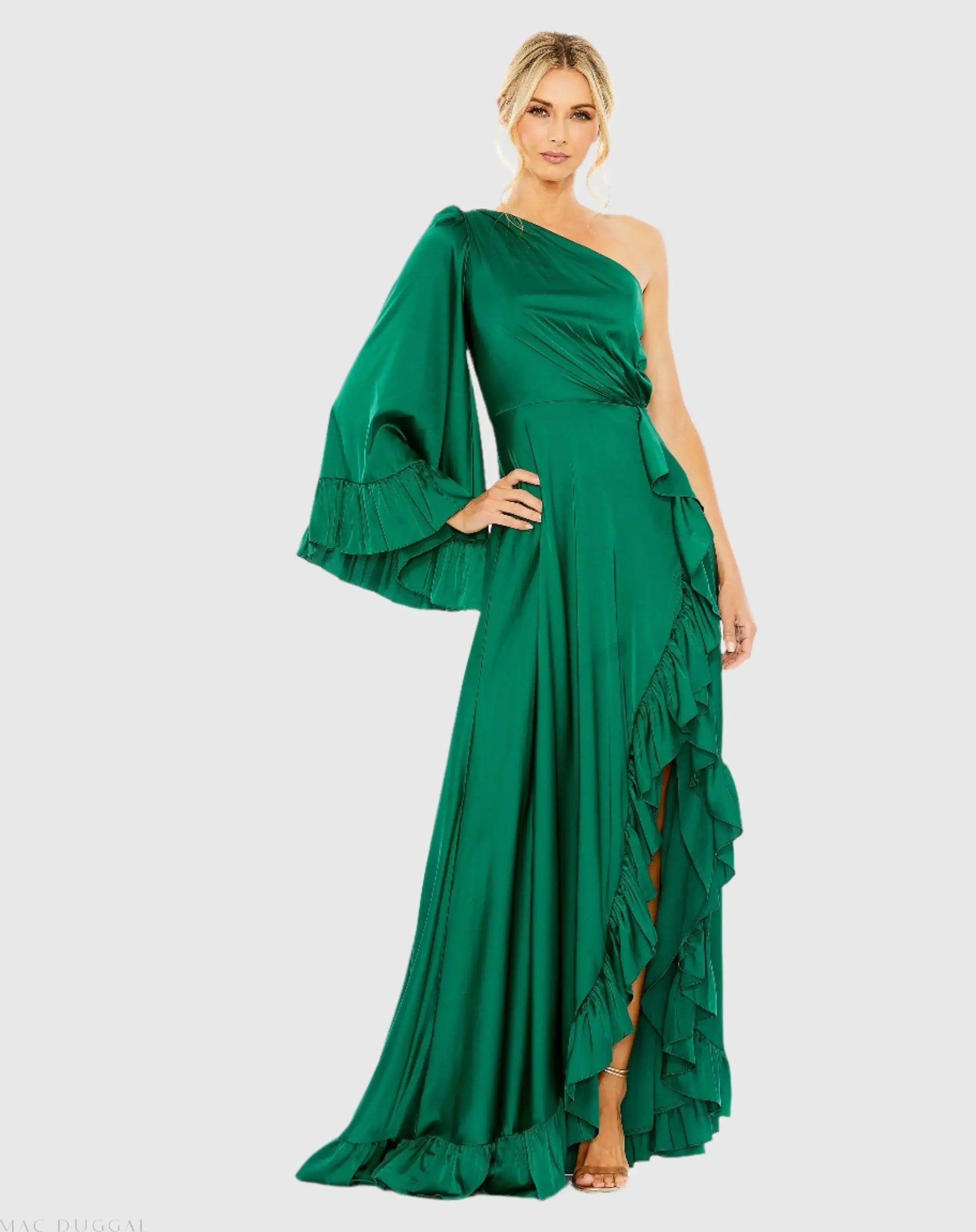 Green Long One Sleeve Asymmetrical Ruffle Hem Gown - Ieena for Mac Duggal