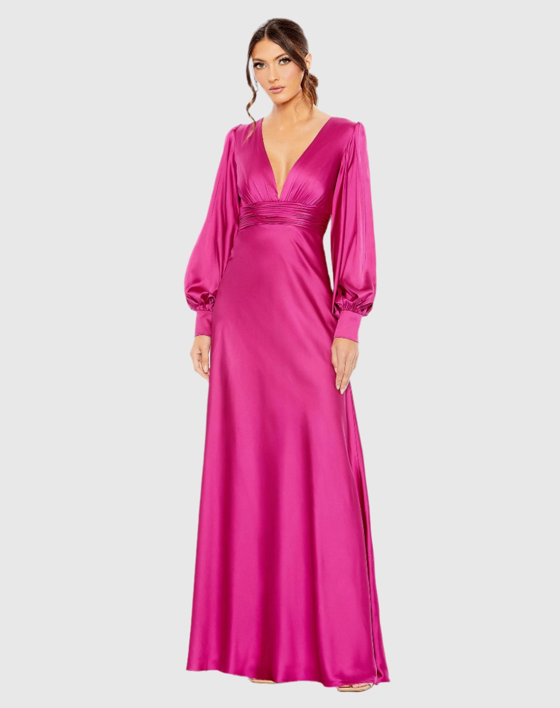 Charmeuse Bishop Sleeve V Neck Gown