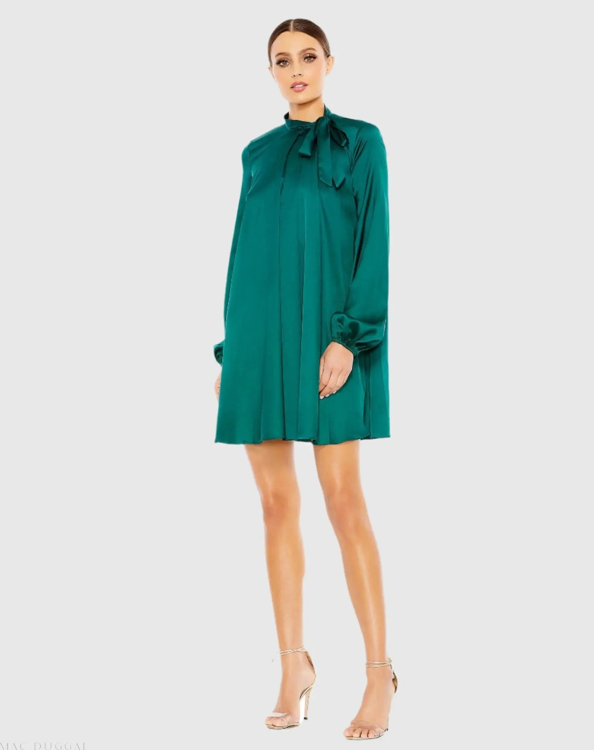 Green Soft Tie High Neck Pull Sleeve Shirt Dress - Ieena for Mac Duggal