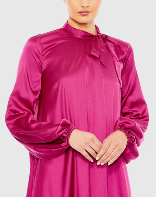 Pink Soft Tie High Neck Pull Sleeve Shirt Dress - FINAL SALE