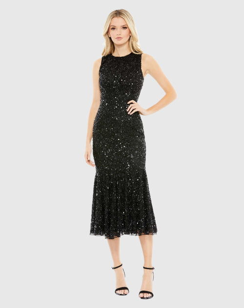 Sequined High Neck Sleeveless Flared Dress