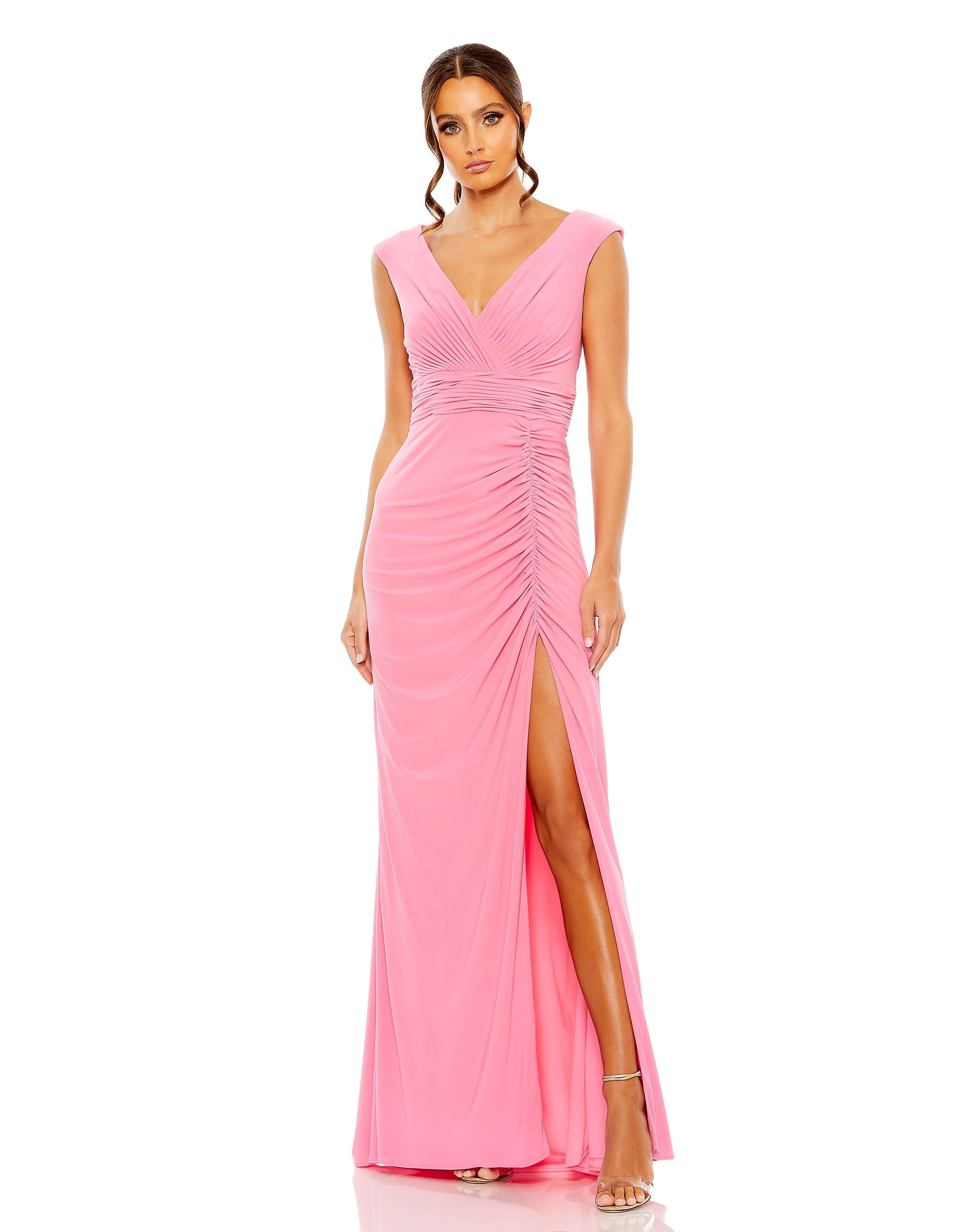 Sleeveless Side Ruched Slit Gown