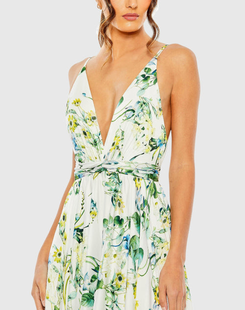 Sleeveless V-neck Floral Print Gown