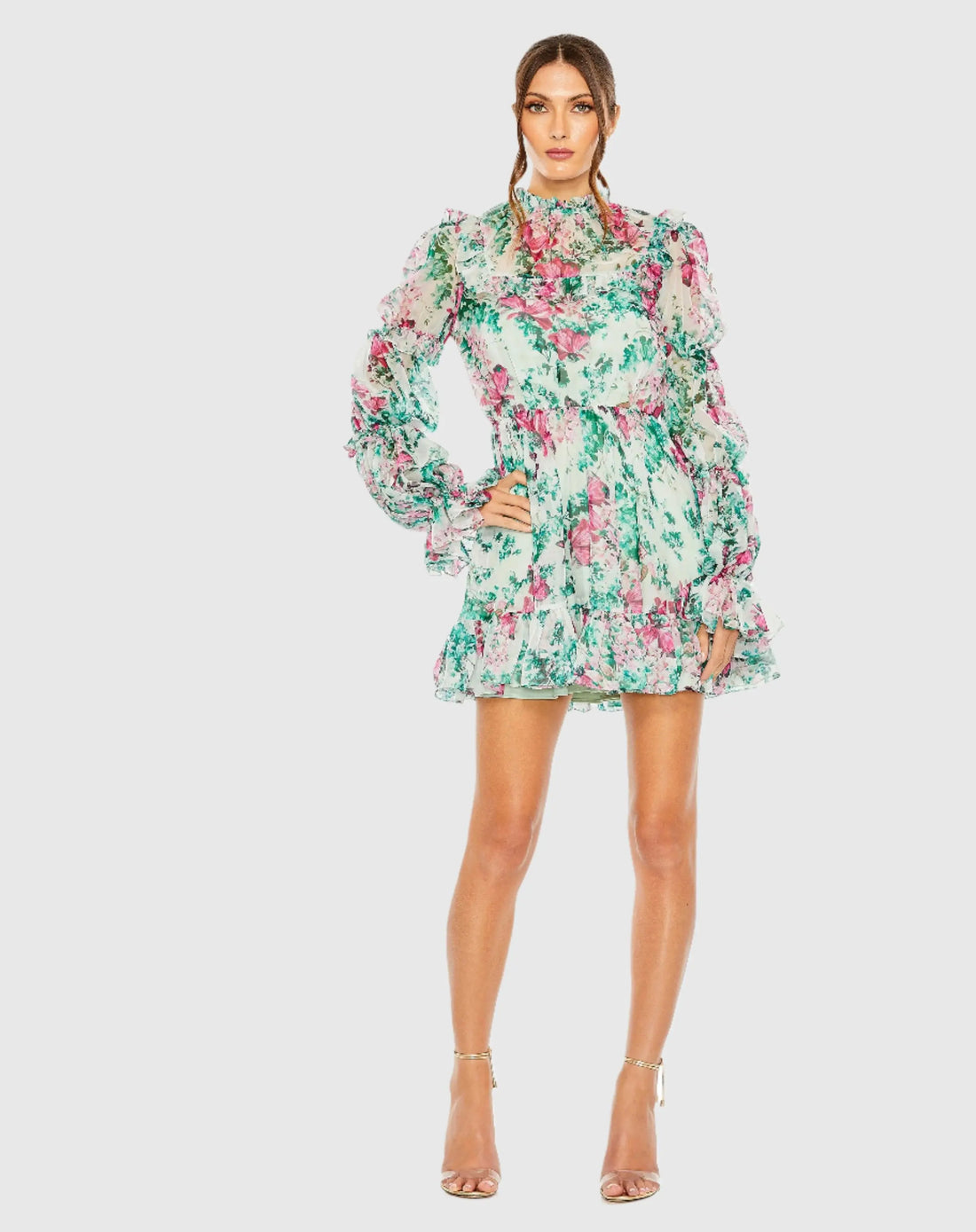 Green Floral High Neck Ruffle Sleeve Mini Dress - Mac Duggal