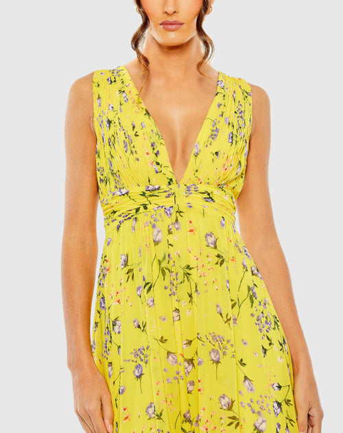 Floral Print V-Neck Ruched Gown