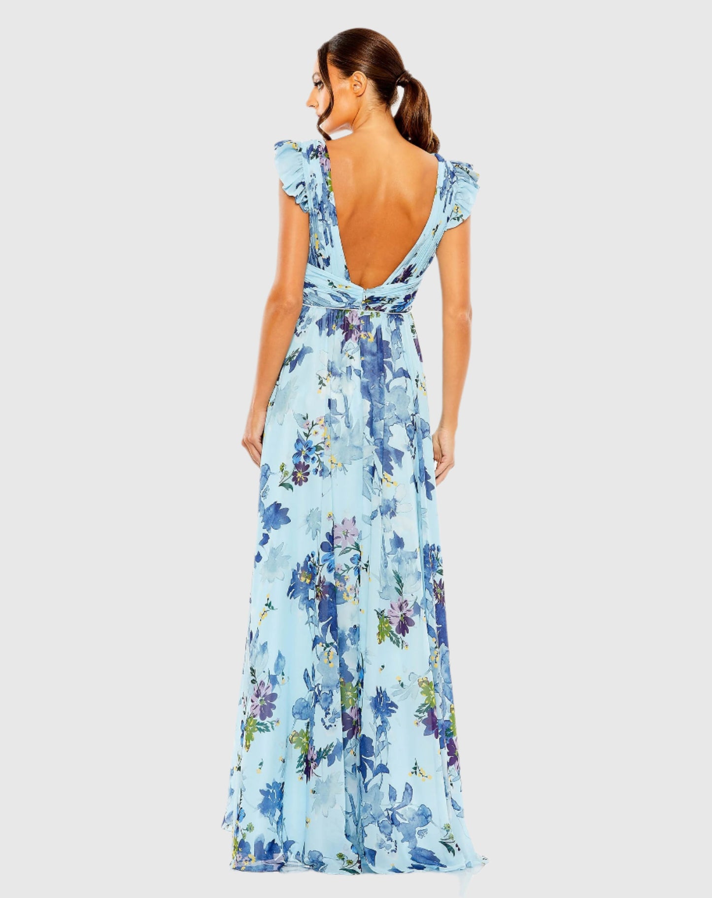 Floral Print Flutter Sleeve Chiffon Gown