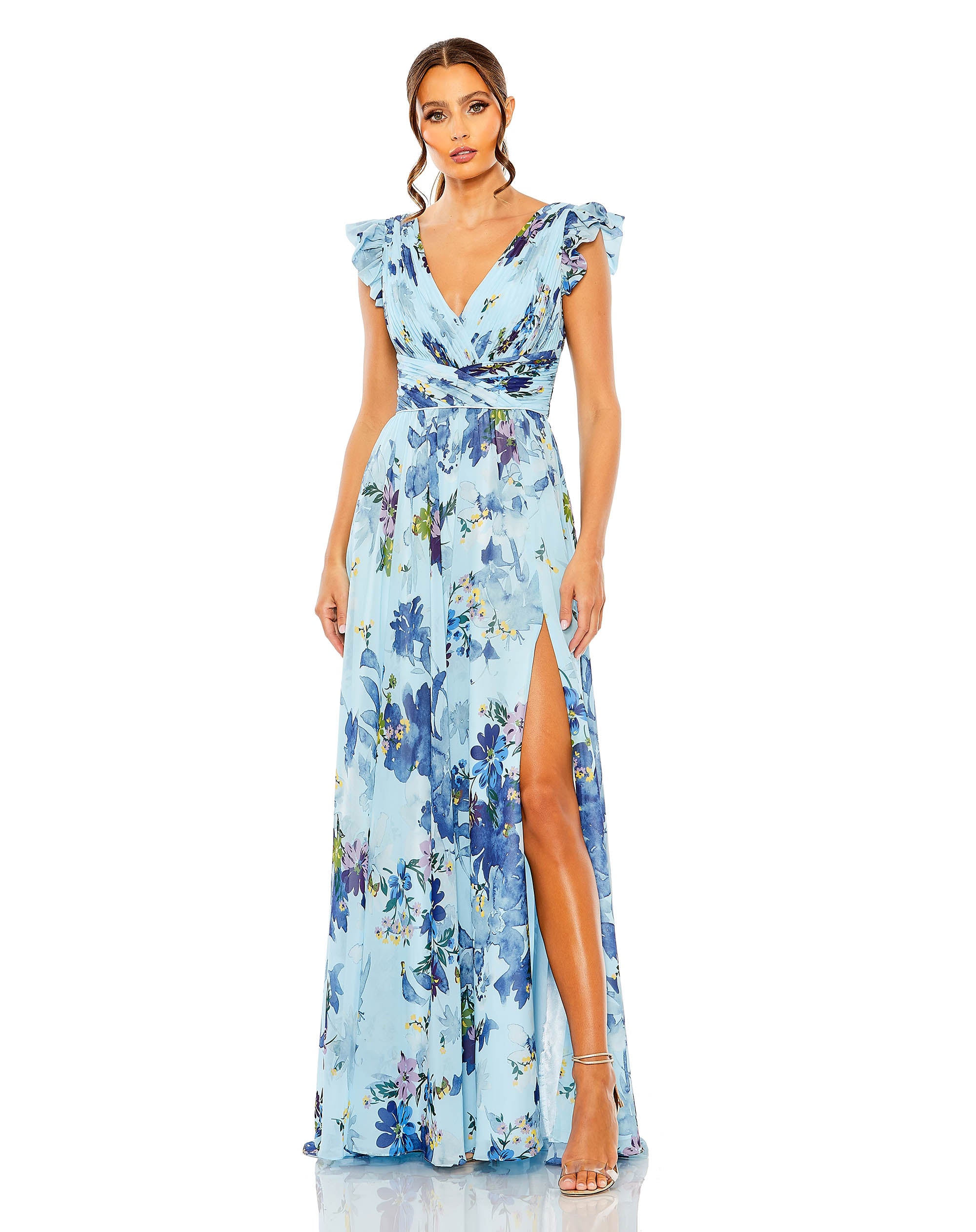 Floral Print Flutter Sleeve Chiffon Gown