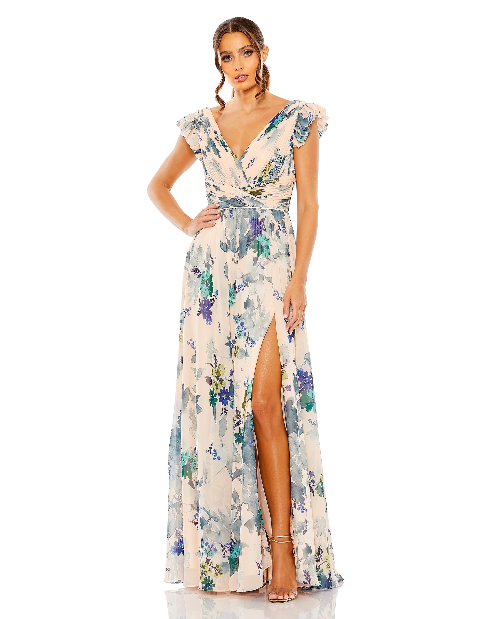 Floral Print Flutter Sleeve Chiffon Gown