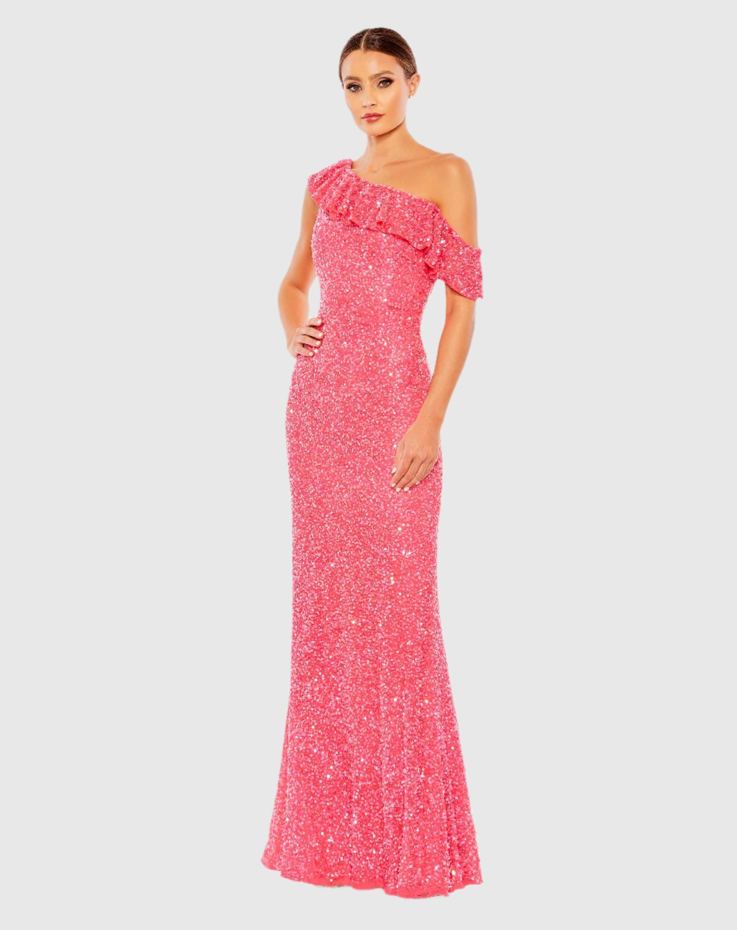 Sequined Drop Shoulder Trumpet Gown