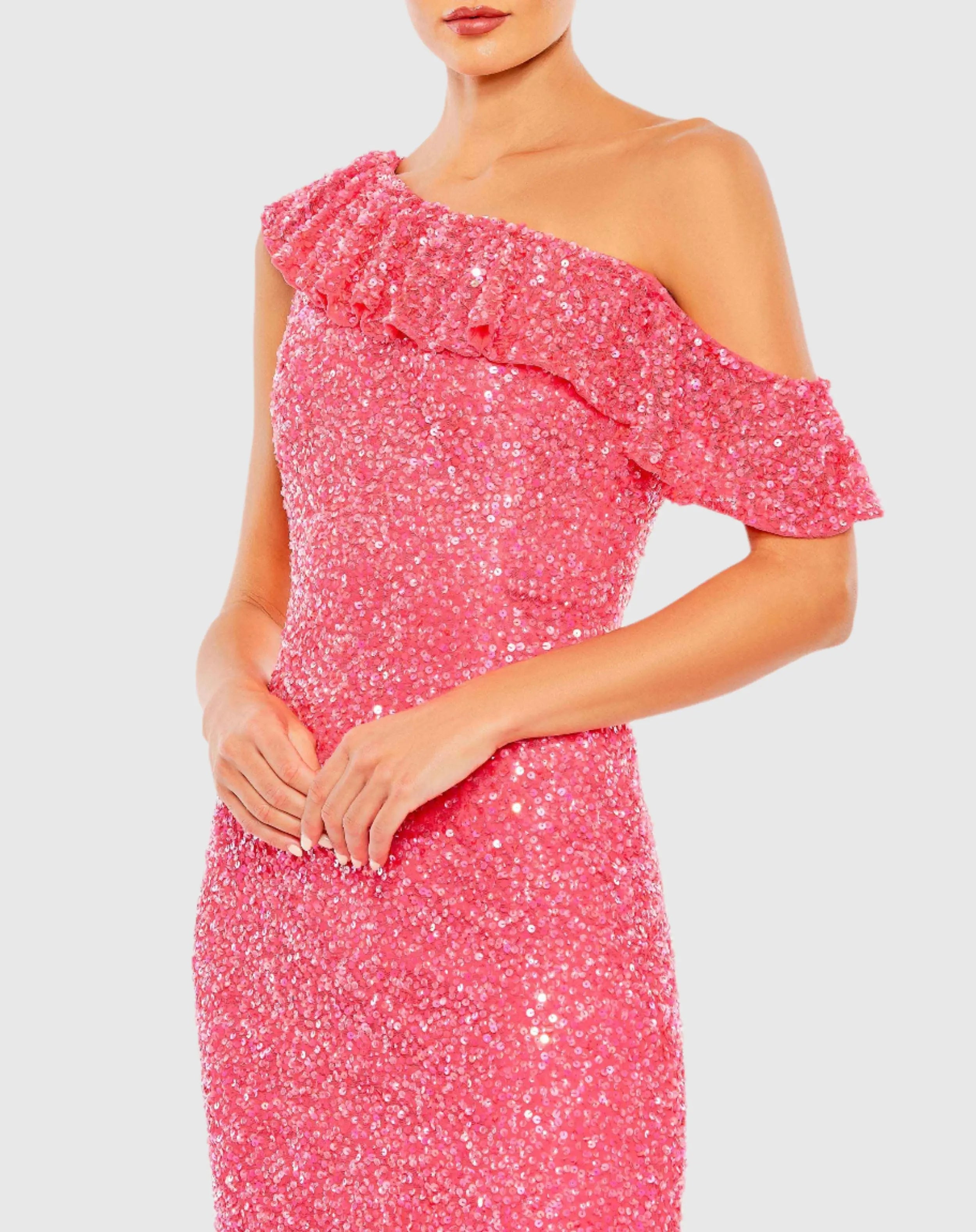 Pink Sequined Drop Shoulder Trumpet Gown - Mac Duggal