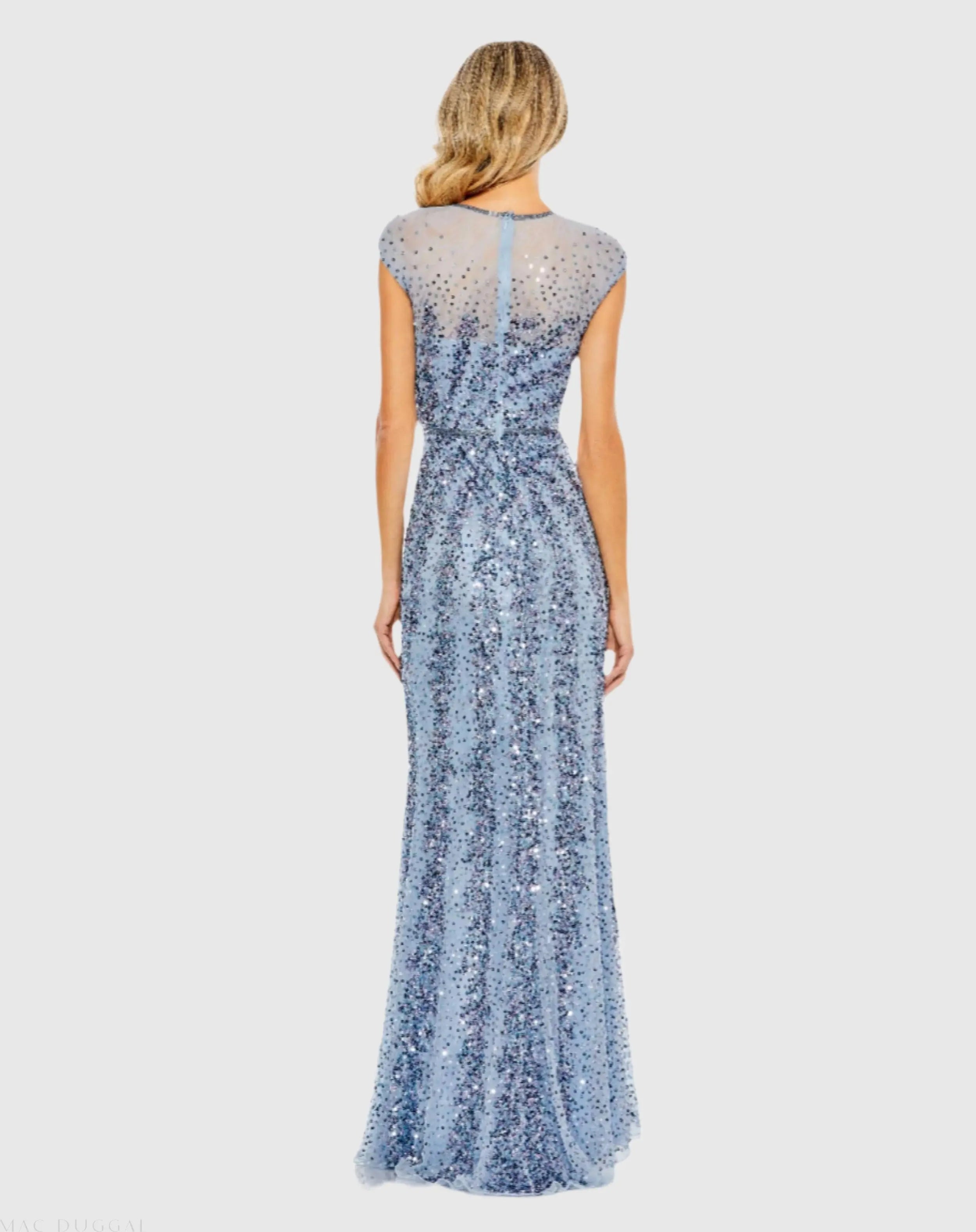 Blue Embellished Illusion High Neck Cap Sleeve Gown - Mac Duggal