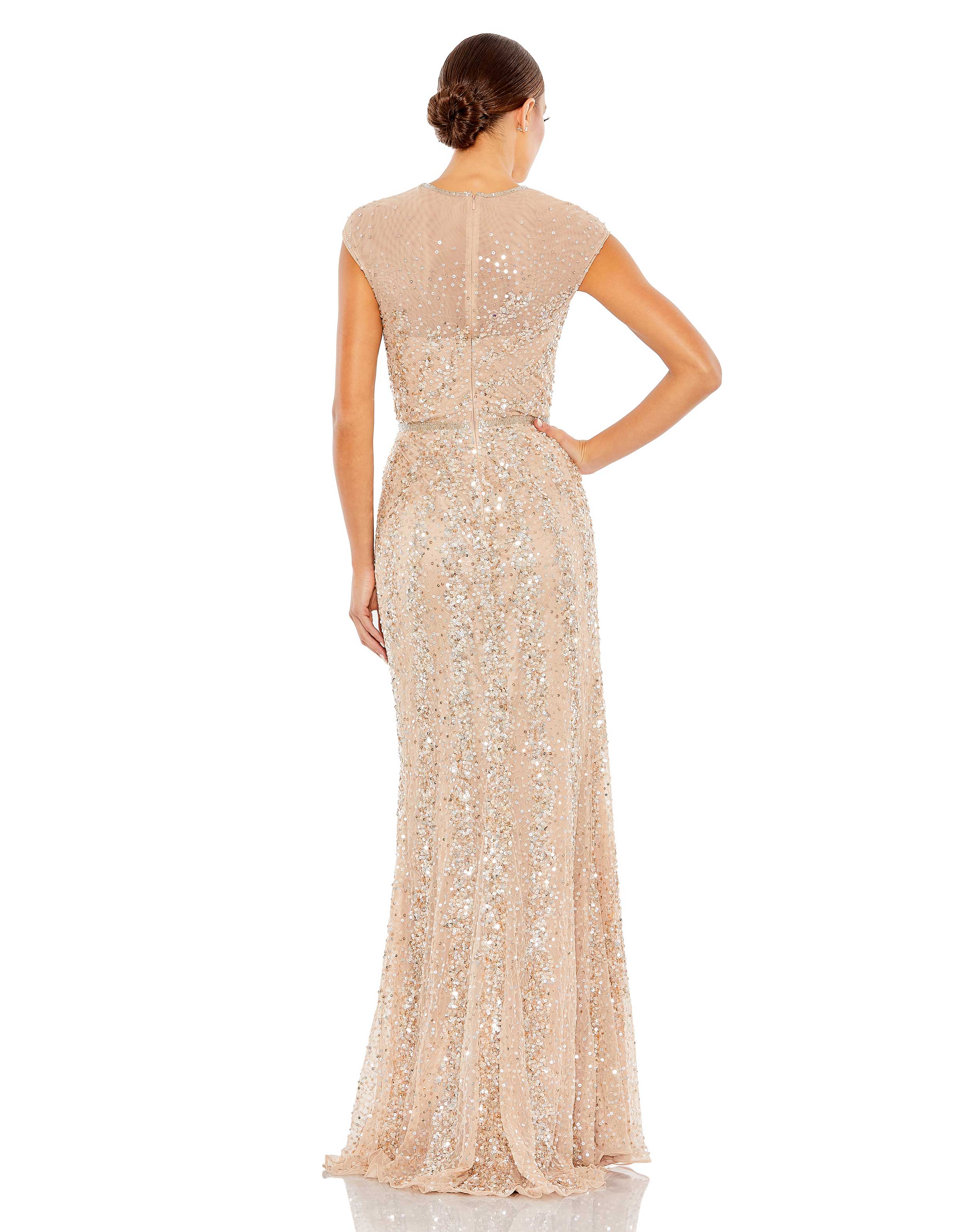 Embellished Illusion High Neck Cap Sleeve Gown
