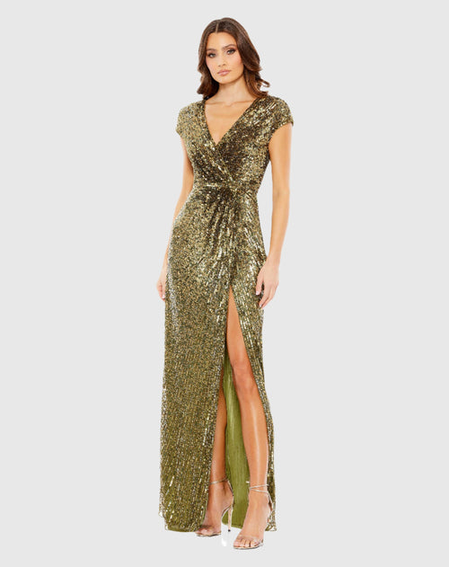 Sequined Faux Wrap Cap Sleeve Gown