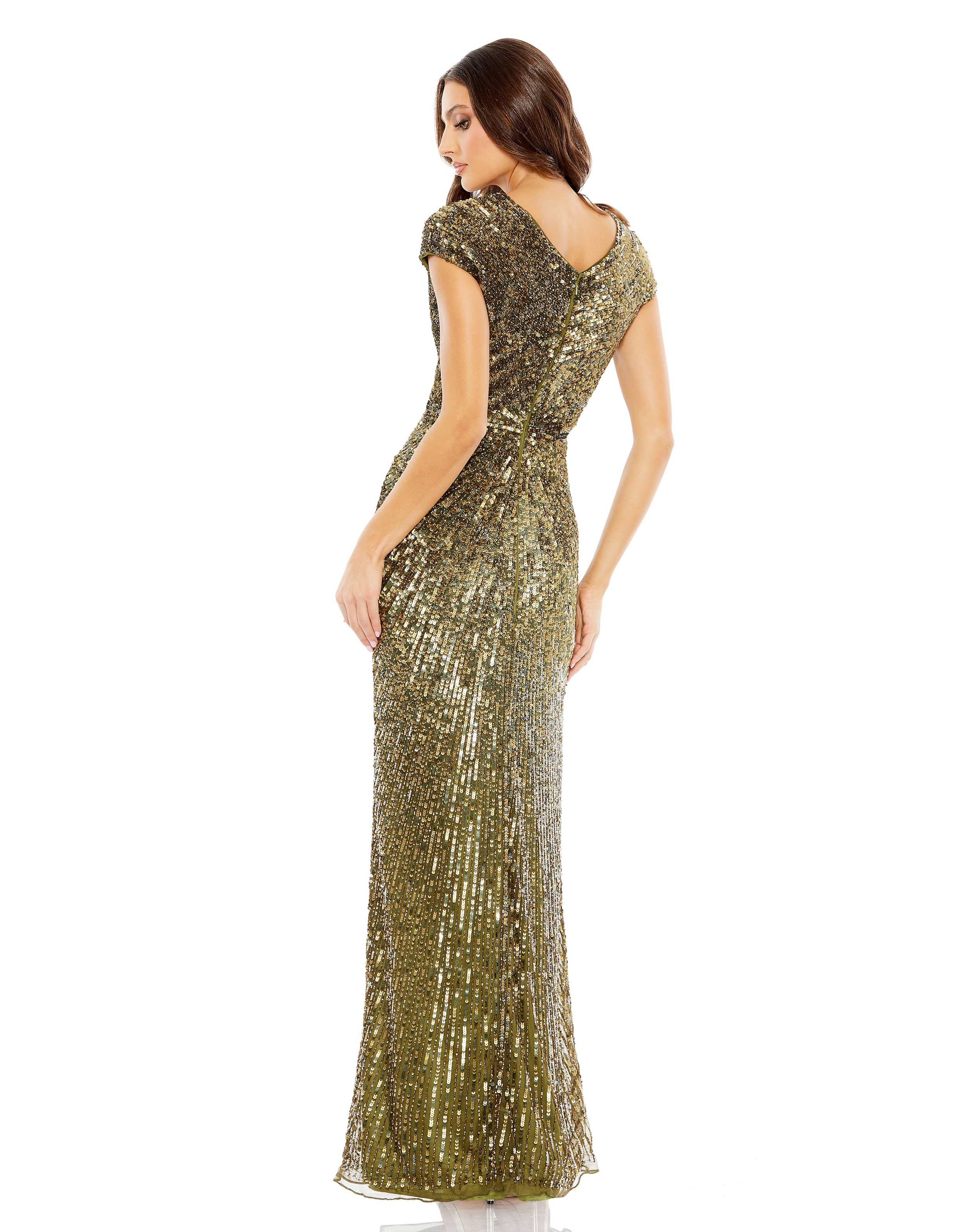 Sequined Faux Wrap Cap Sleeve Gown