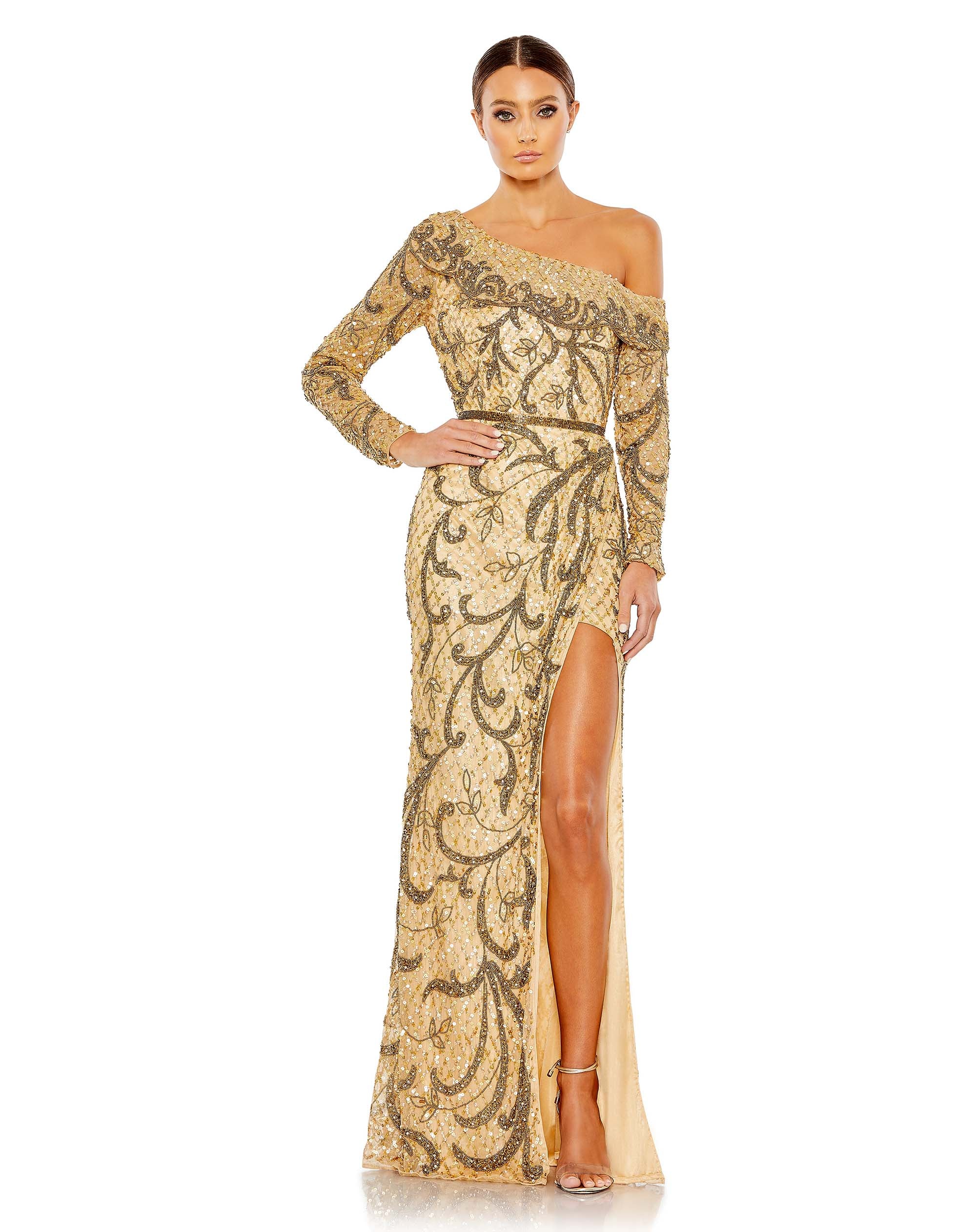 Embellished One Shoulder Long Sleeve Faux Wrap Gown