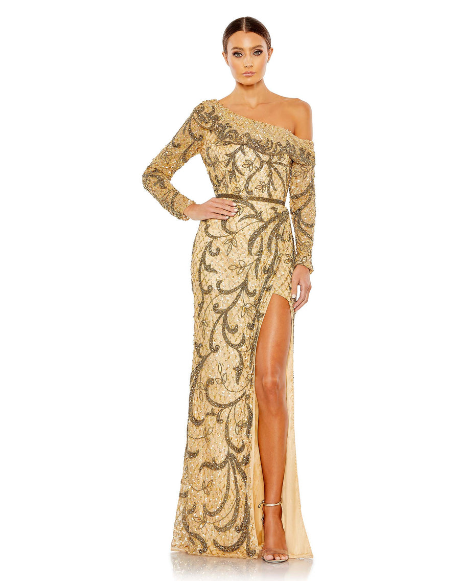 Embellished One Shoulder Long Sleeve Faux Wrap Gown – Mac Duggal