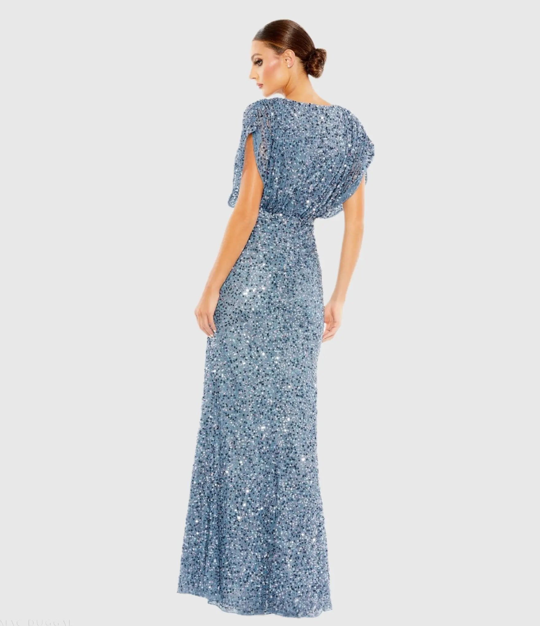 Blue Draped Sleeve V Neck Gown - Mac Duggal