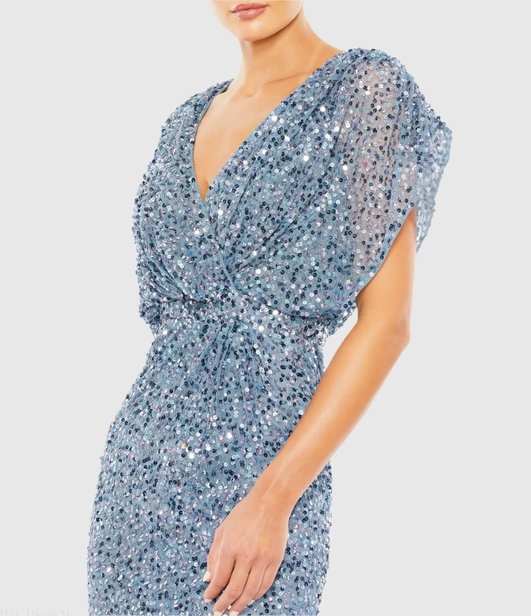 Blue Draped Sleeve V Neck Gown - Mac Duggal