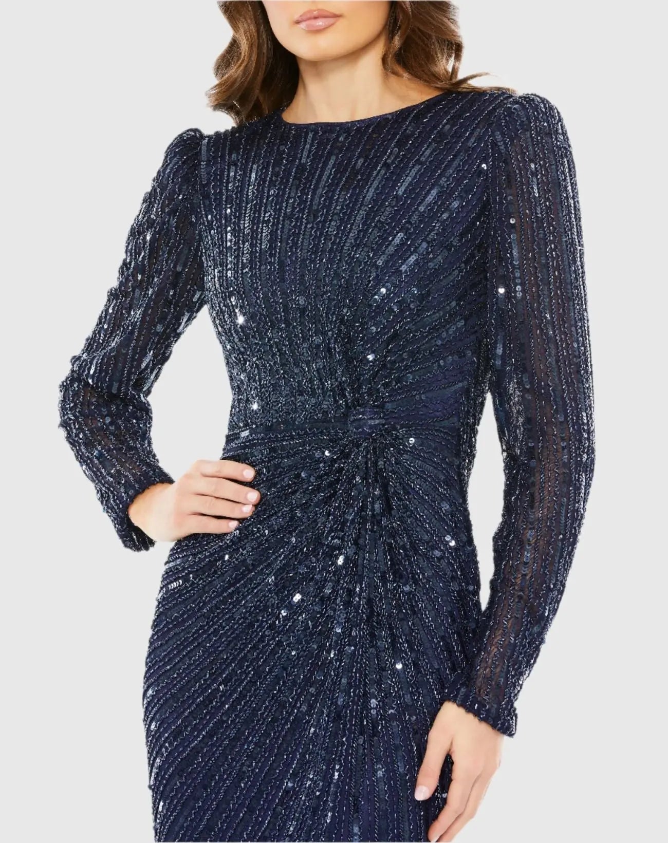 Navy Embellished Puff Sleeve Side Knot Gown - Mac Duggal