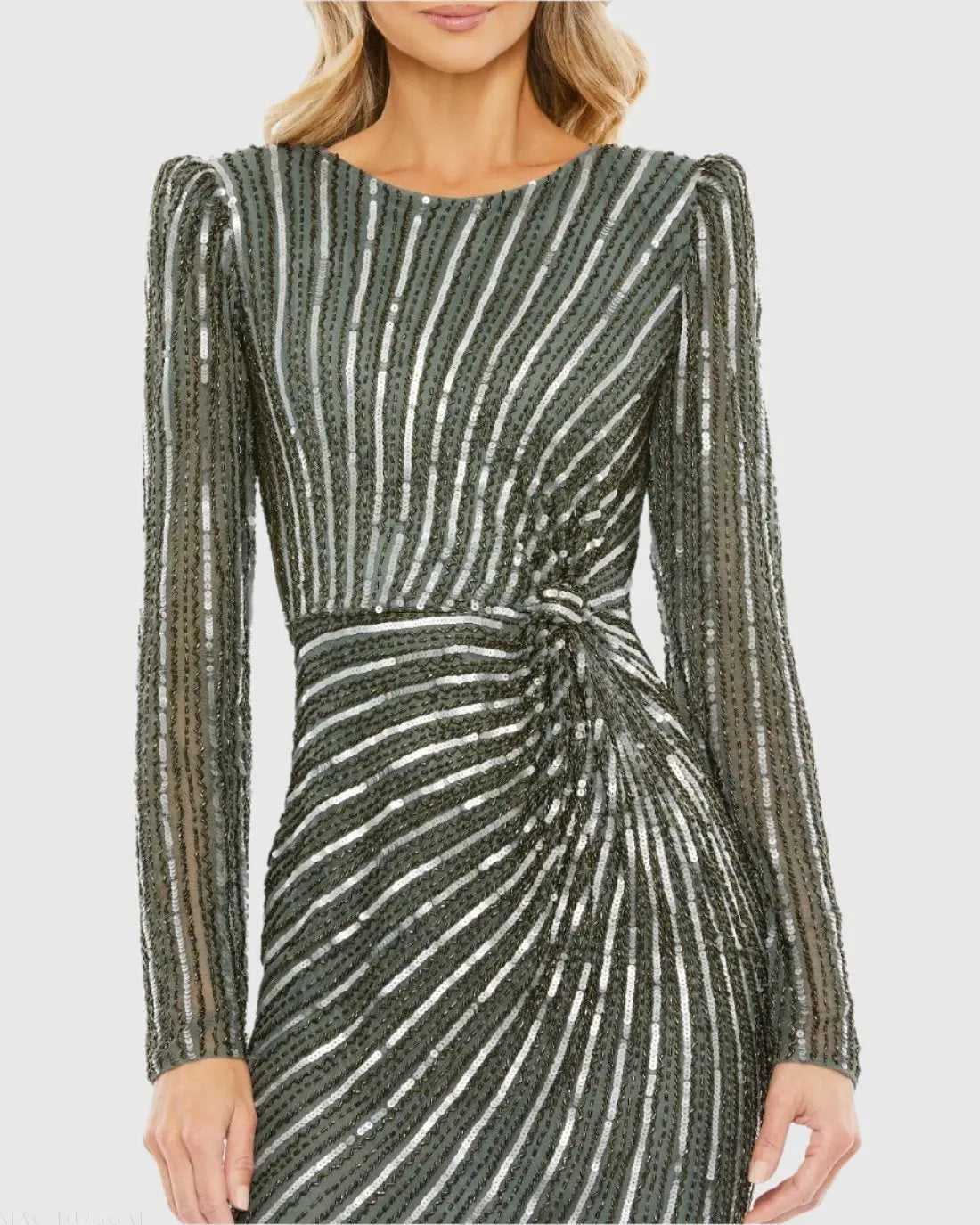 Gray Embellished Puff Sleeve Side Knot Gown - Mac Duggal