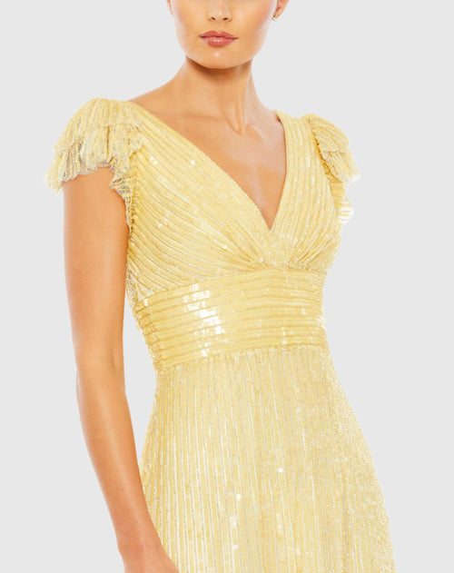 Embellished Flutter Cap Sleeve A Line Gown