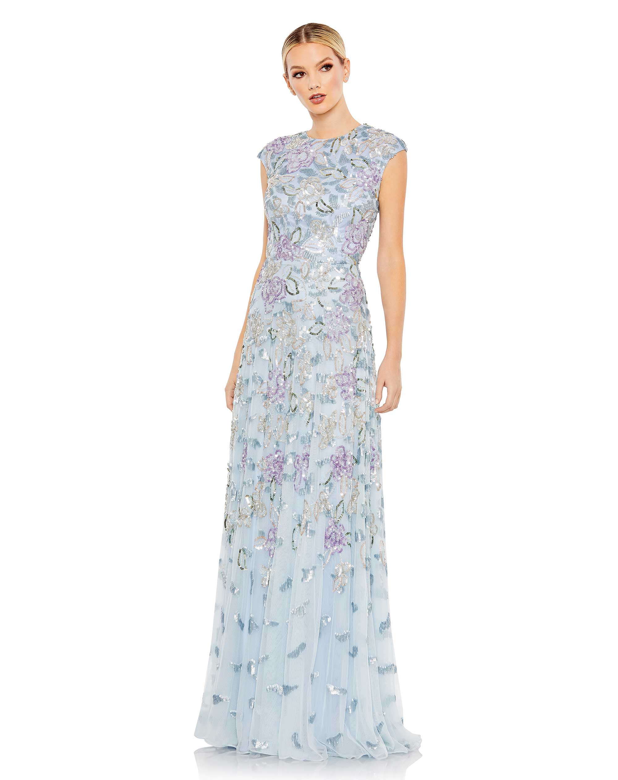 Sequined High Neck Cap Sleeve A Line Gown
