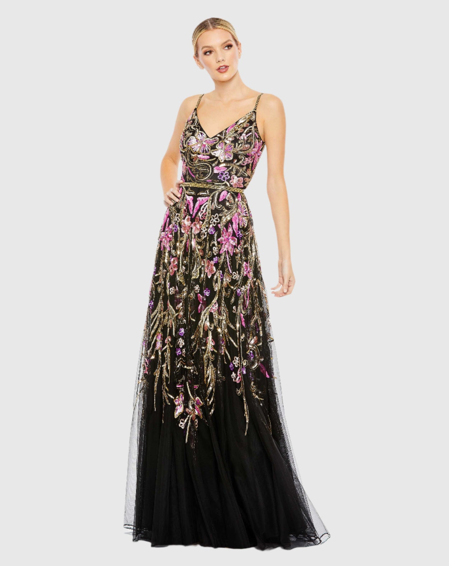 V Neck Floral Embellished Spaghetti Strap Gown