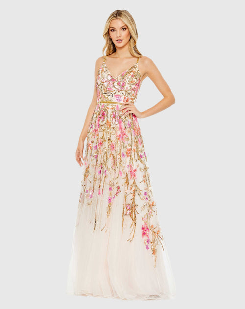 V Neck Floral Embellished Spaghetti Strap Gown