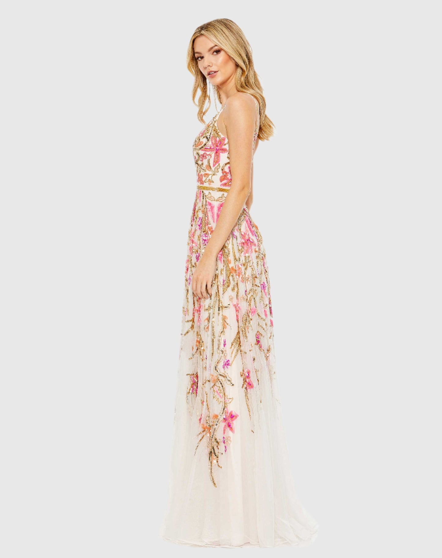 V Neck Floral Embellished Spaghetti Strap Gown