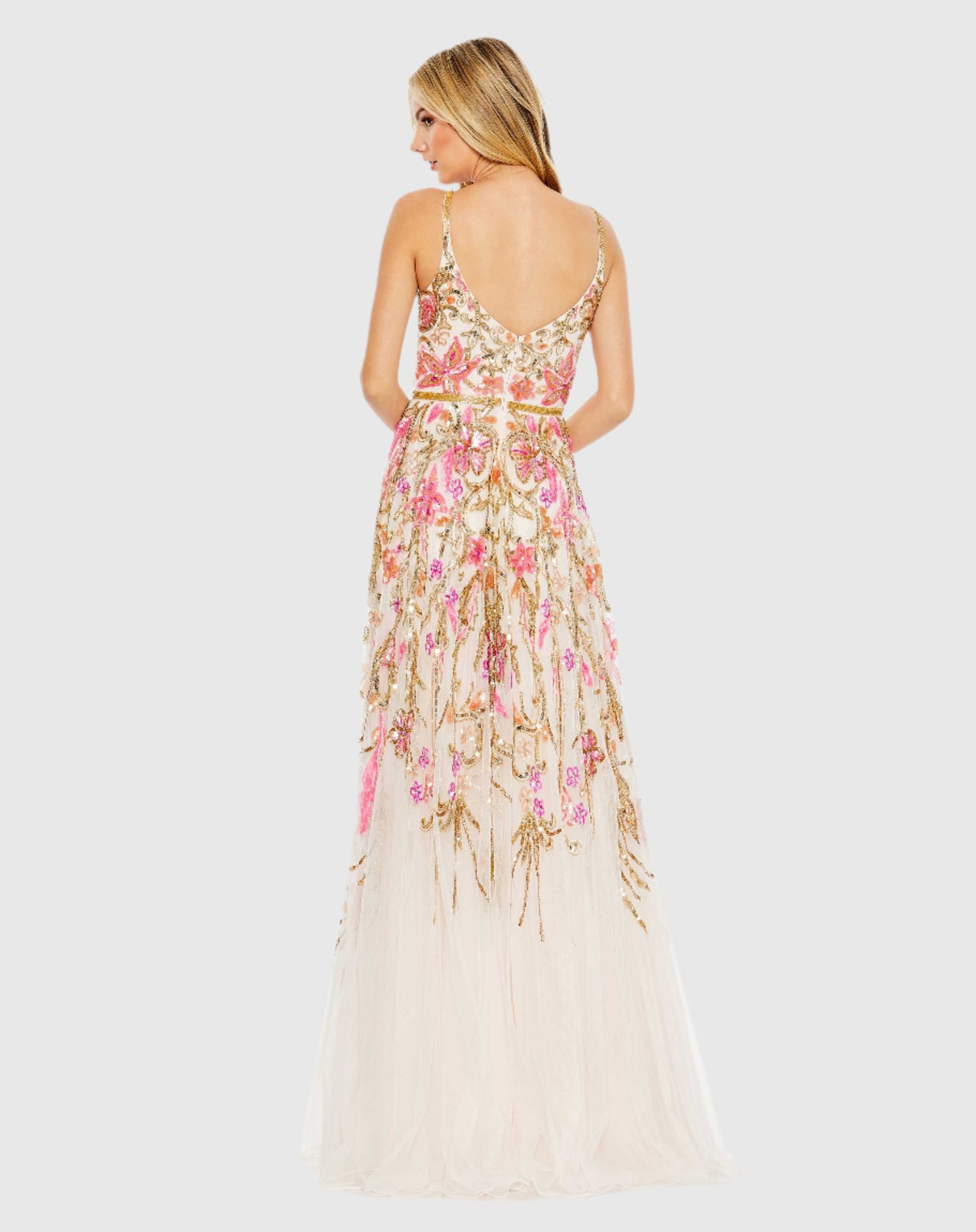 V Neck Floral Embellished Spaghetti Strap Gown