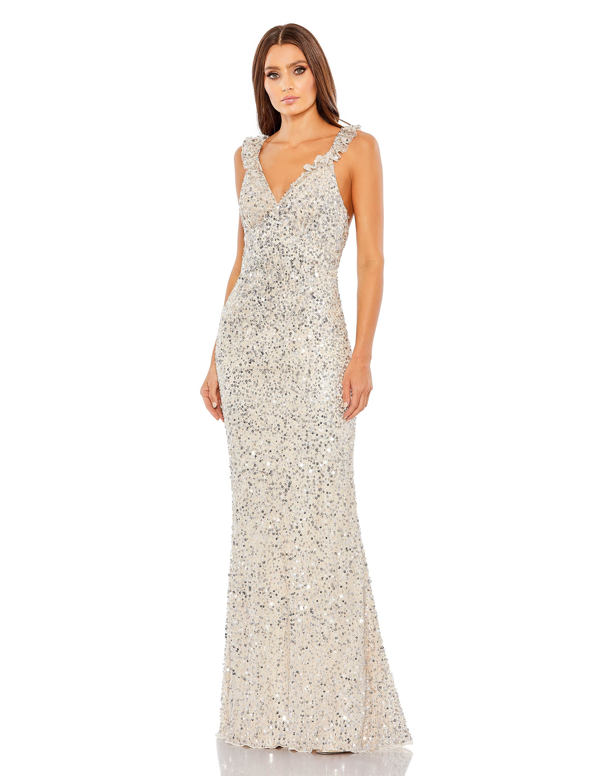 Embellished Ruffle Strap Trumpet Gown