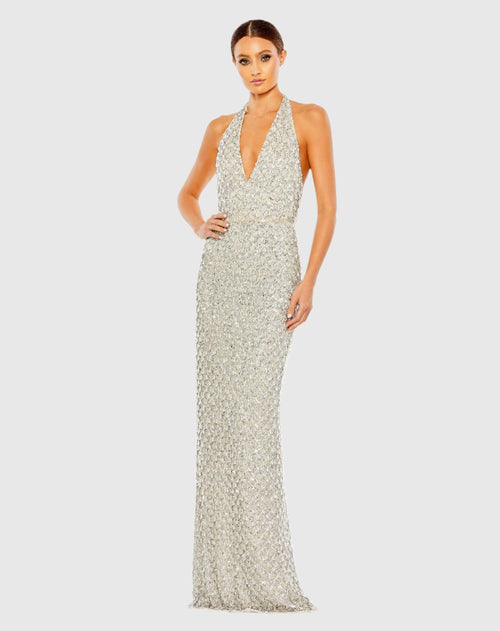 Sequined Crystal Fringe Halter Strap Gown