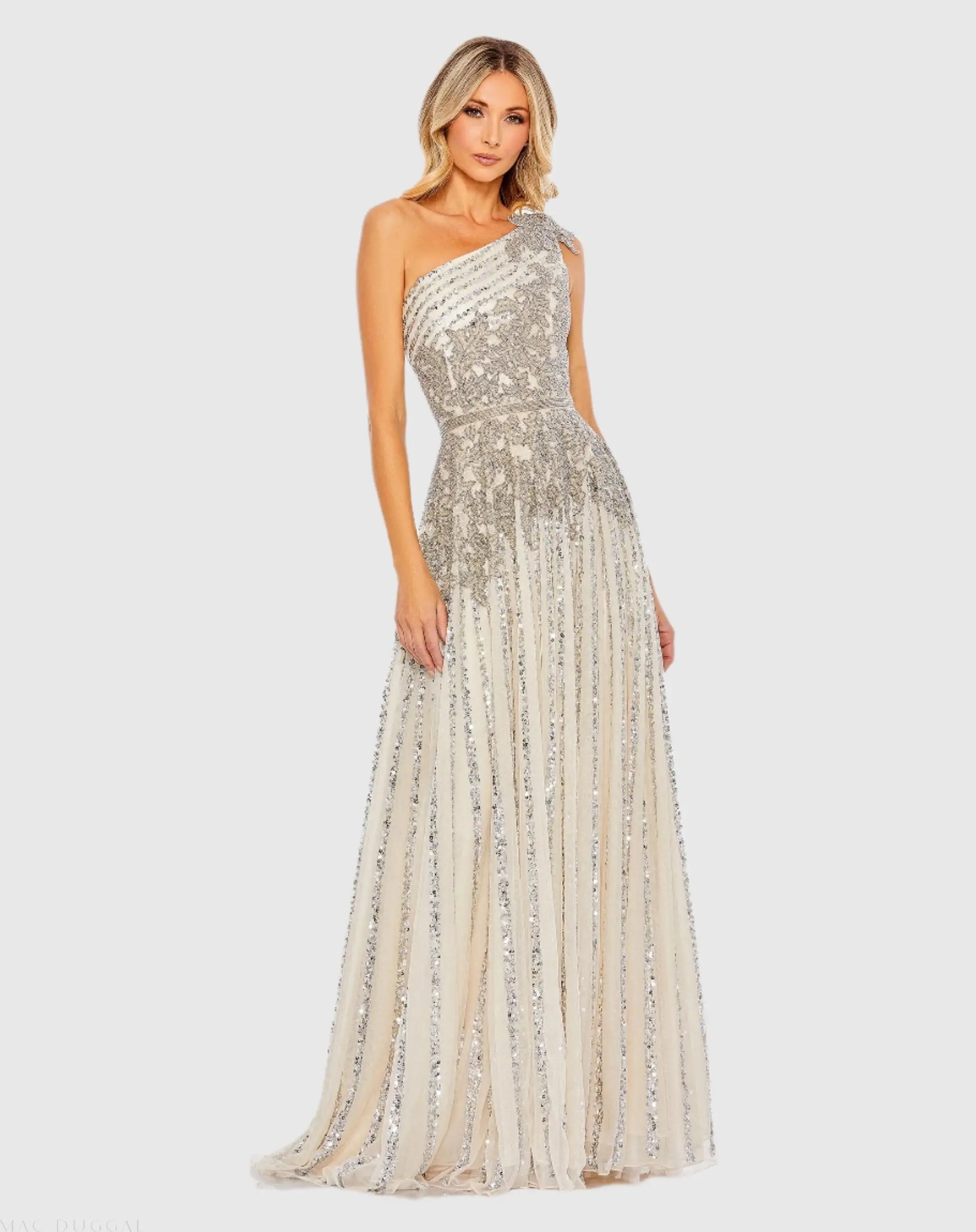 Silver Beaded Embellished One Shoulder A Line Gown - Mac Duggal Silver Beaded Embellished One Shoulder A Line Gown - Mac Duggal