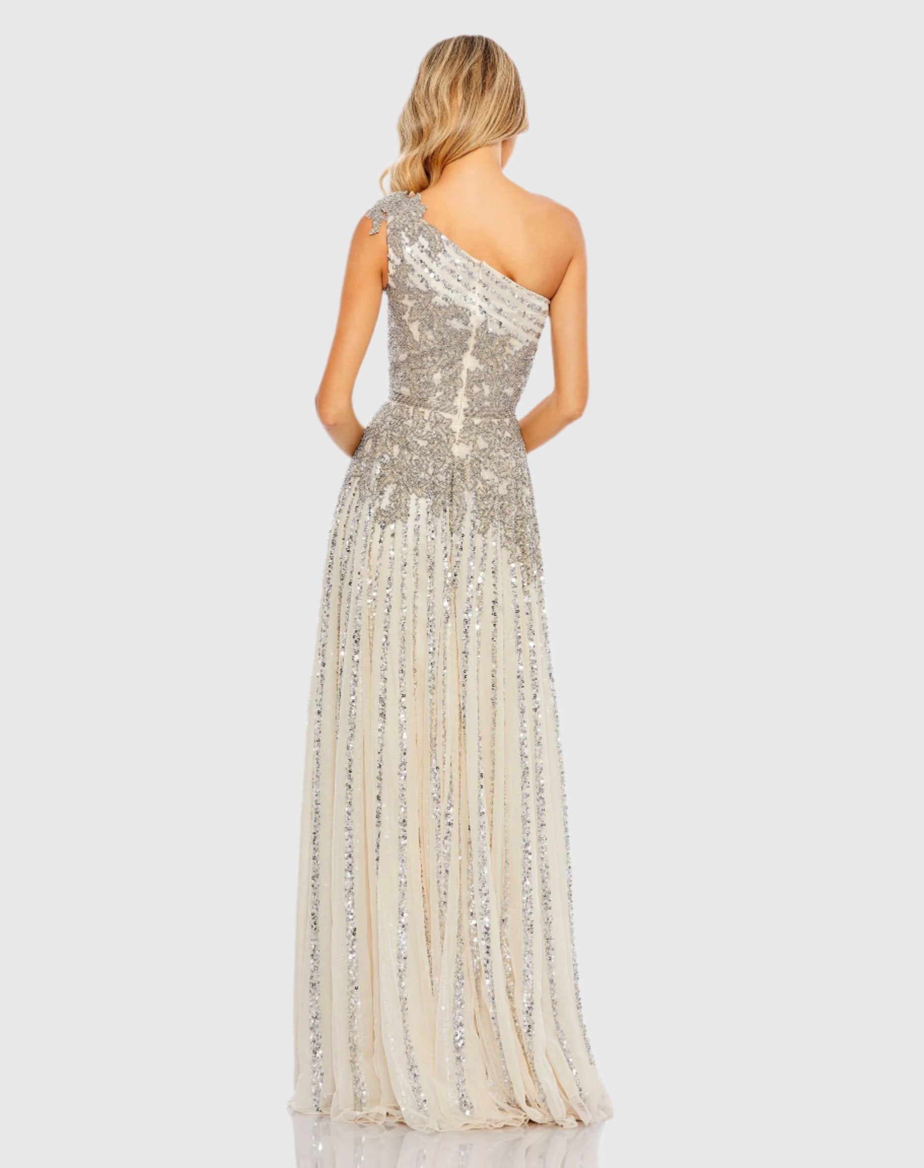 Silver Beaded Embellished One Shoulder A Line Gown - Mac Duggal Silver Beaded Embellished One Shoulder A Line Gown - Mac Duggal