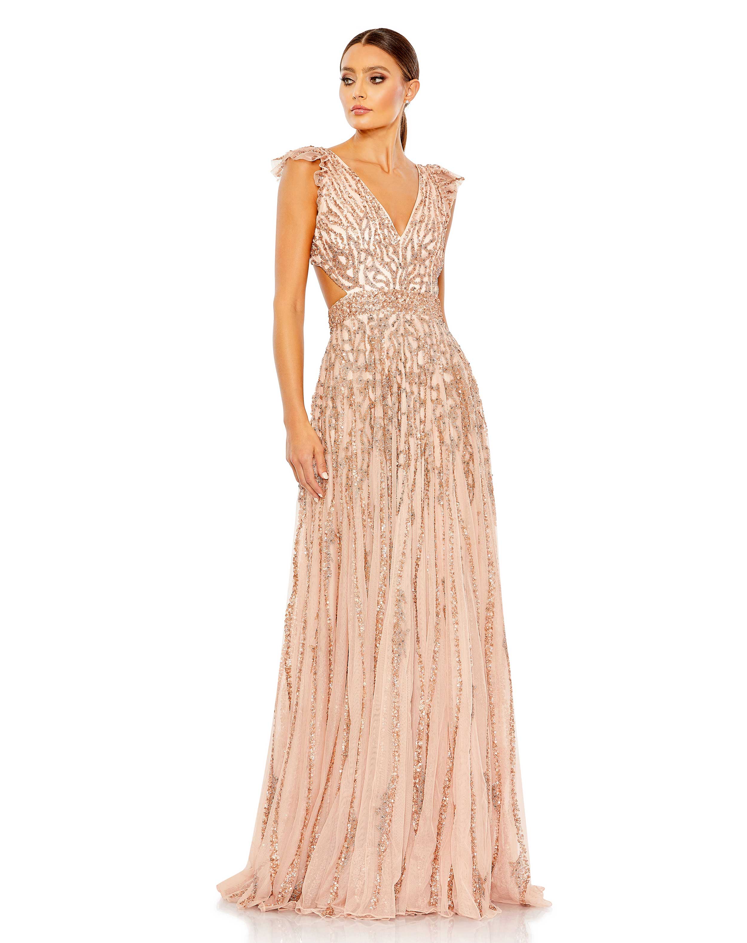 Sequined Flutter Cap Sleeve Cut Out A Line Gown