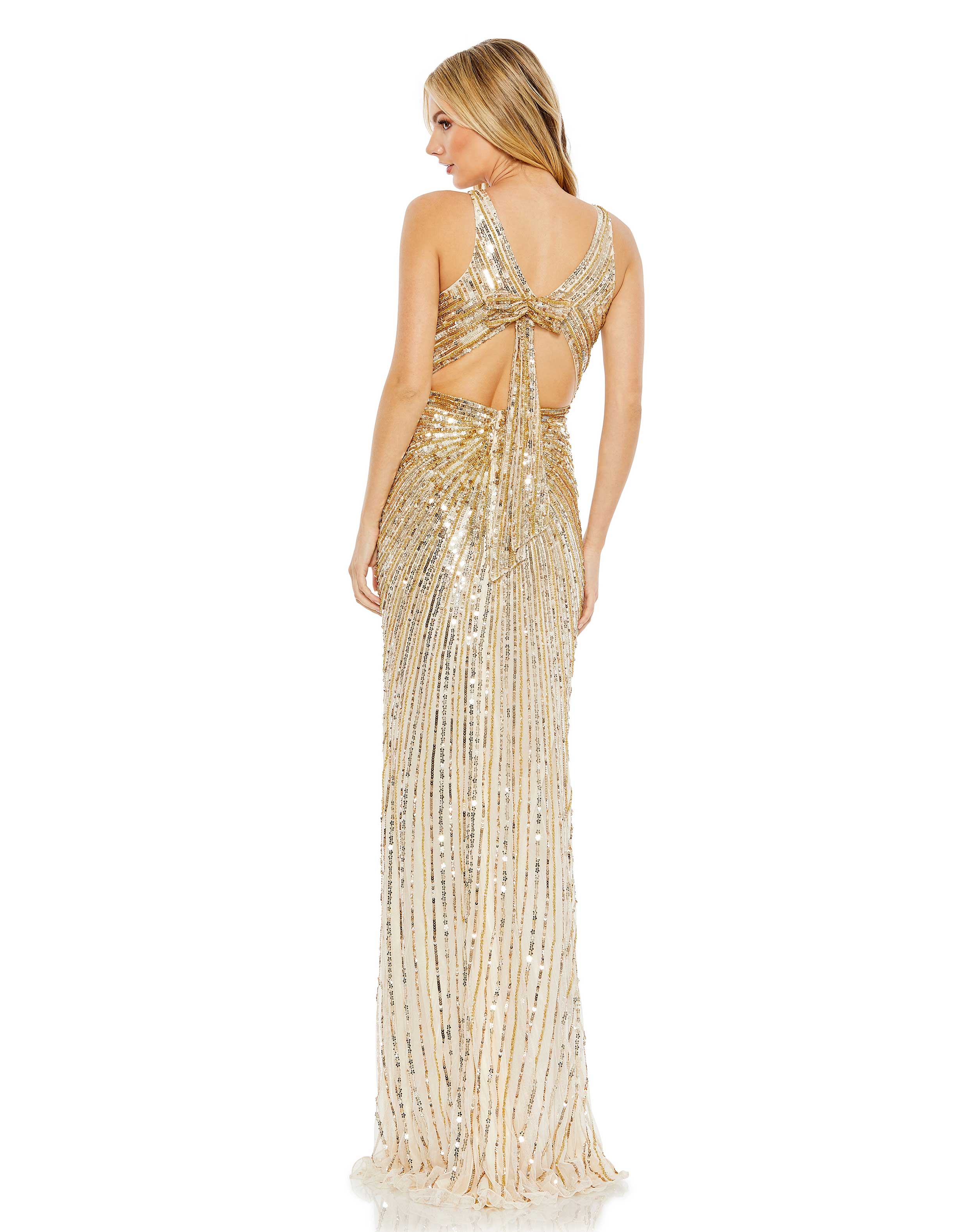 Sequined Faux Wrap Sleeveless Gown