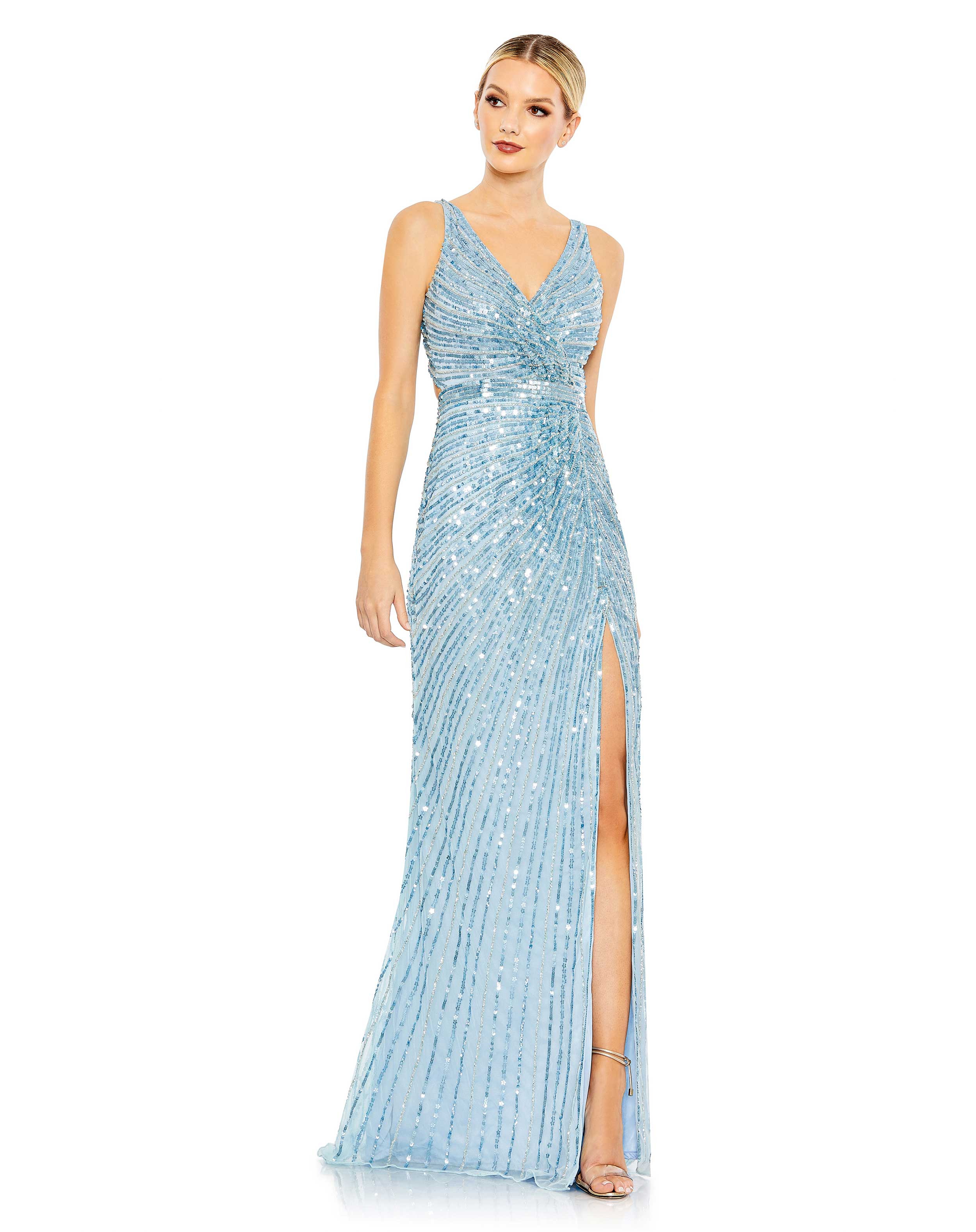 Sequined Faux Wrap Sleeveless Gown